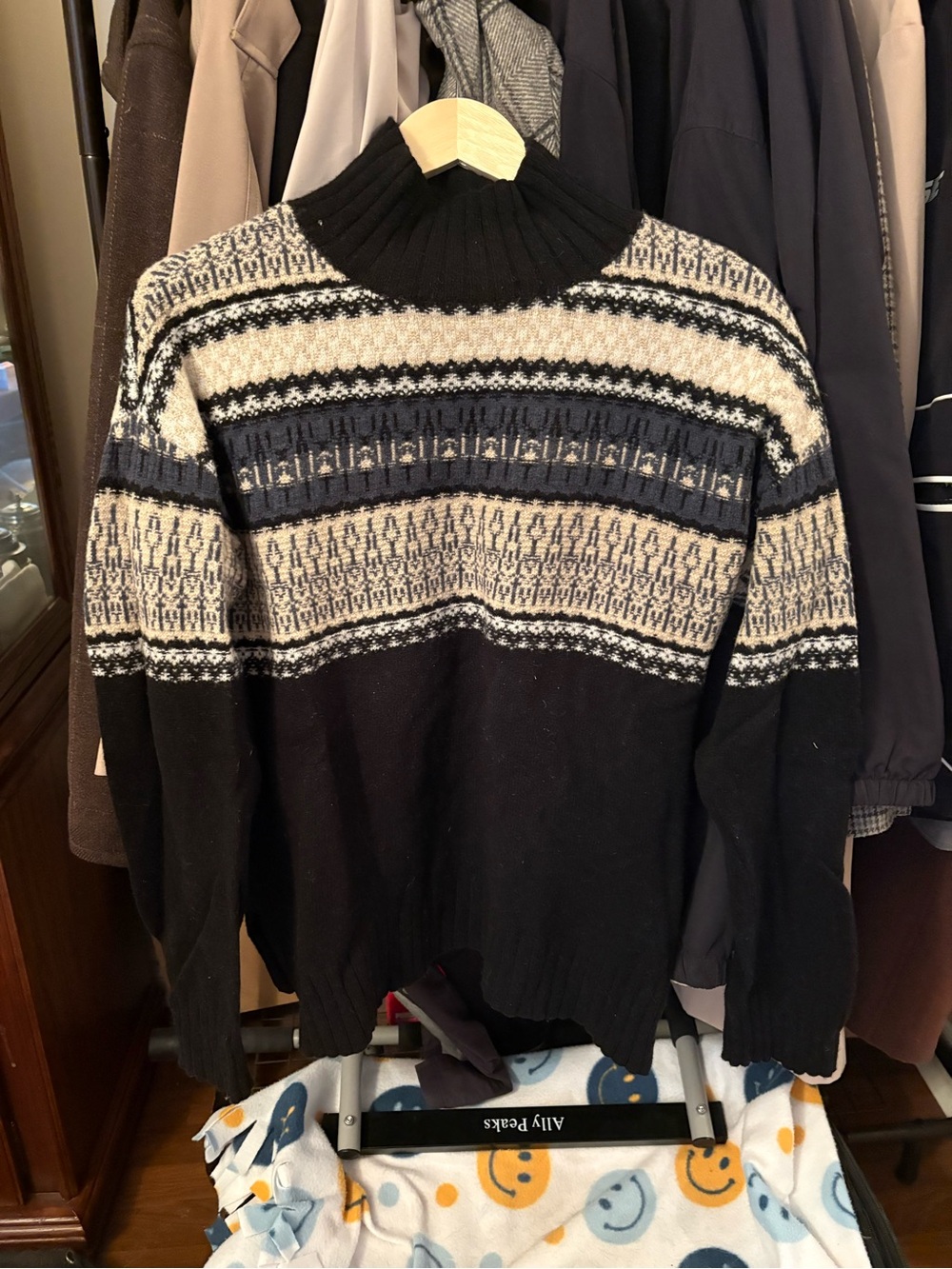 Frank & Oak Black Fair Isle Crewneck Sweater with Cream and Navy Accents